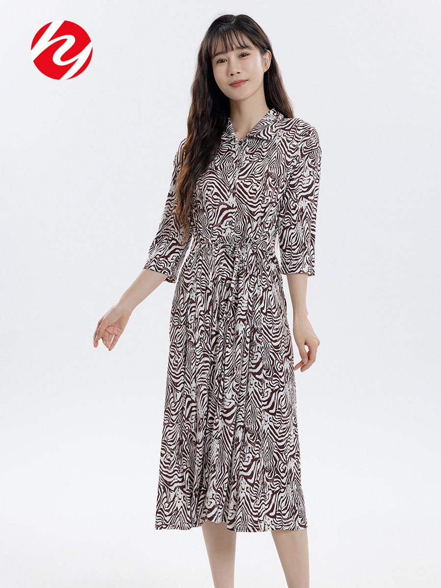 Huaye Silk Seven-point Sleeve dress Lapel Button Cardigan Summer New Printed Women's Mulberry Silk Belt Long Dress