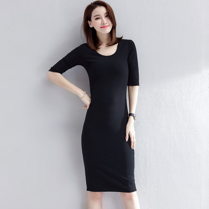 Black Mid-Sleeve Dress Women's Summer New Simple Korean-style All-match Slim-fit Tight Mid-length Base Dress