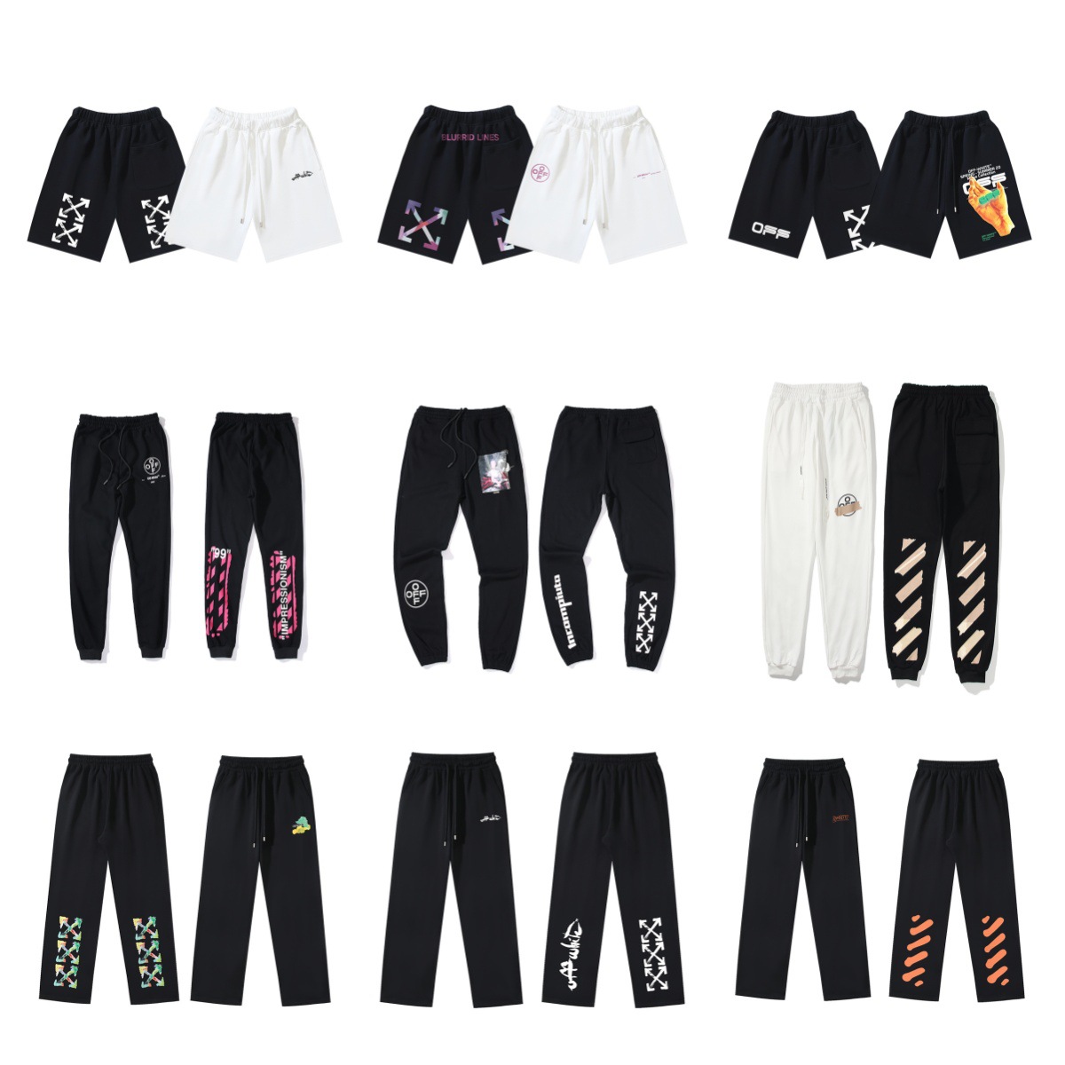 Amazon Wholesale Fashion Brand OFF OW Splash Ink Fireworks Tape 99 Caravaggio Printed Men's and Women's Pants Foto QC de 1688 na Qualit.ly