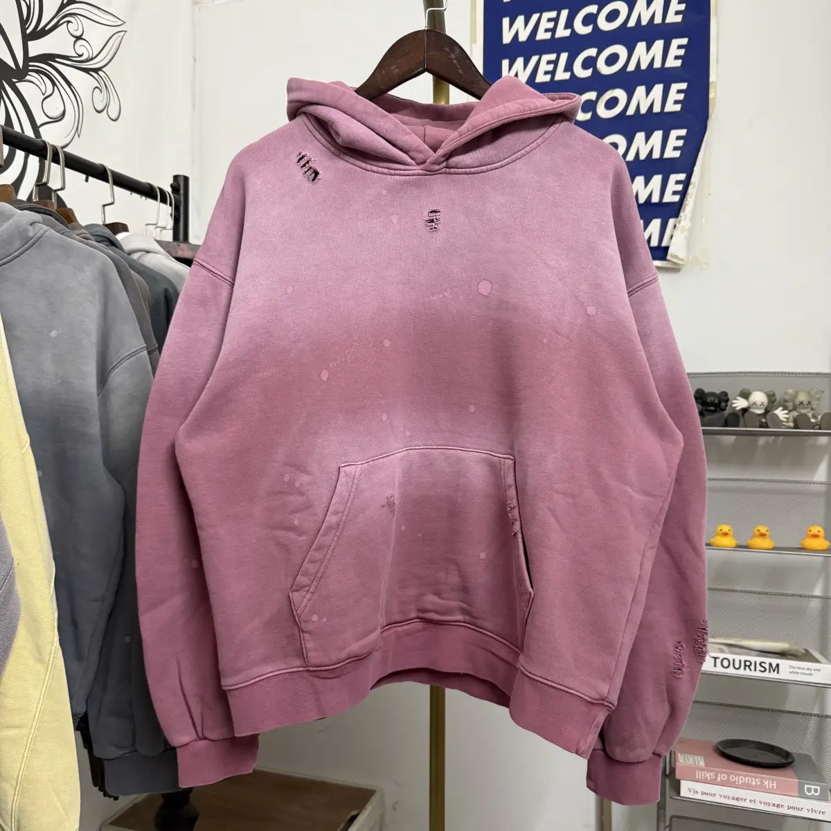 American High Street Fashion Brand Asute Dyed Splatter Ink Destroyed Gradient Spray Horse Trot Casual Hooded Sweatshirt for Men and Women