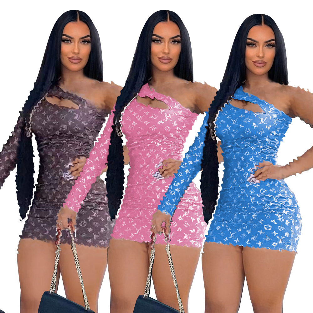 Y71171 European and American Women's Cross-border Wholesale AliExpress Party Sexy Slant Shoulder Open Chest Lightweight Dress