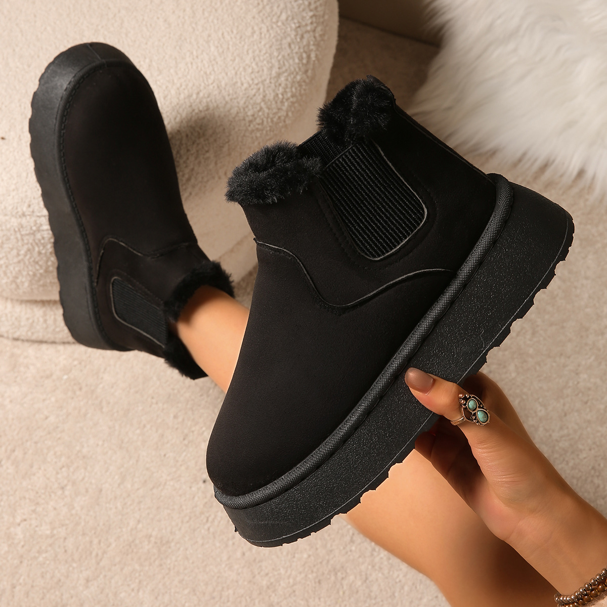 Women's Winter Snow Boots, Size 44, Warm Cotton Shoes, 2025 New Model, Solid Color, Elastic Opening, Thick Sole, Stitched Short Cotton Boots