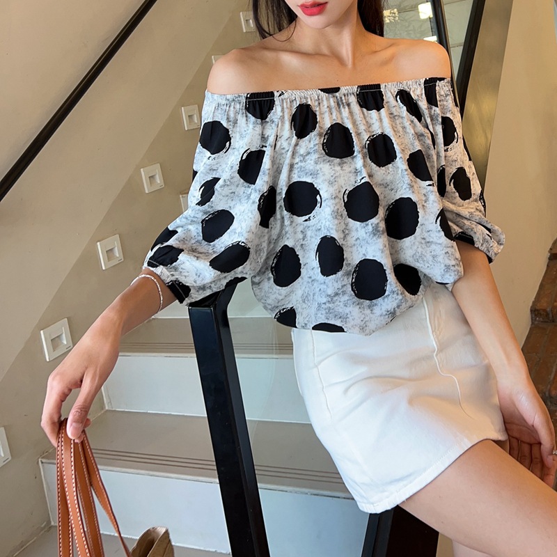 Summer Cotton Loose off-shoulder Short-sleeved Women's Thin Printed Artificial Cotton Bubble-sleeved Versatile Large Size Slimming Top