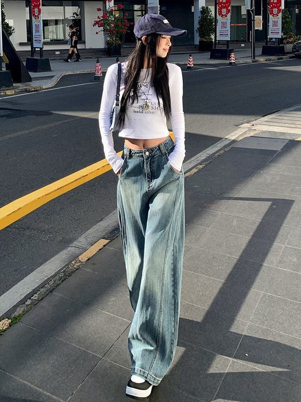Spring 2025 New Vintage Washed Slub Deconstruction Loose Scimitar Jeans Wide Leg New Casual Trousers