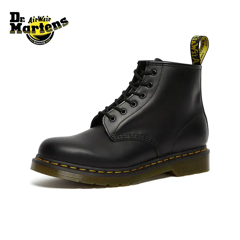 Dr.Martens Martin 101 Ys British Men's and Women's Spring Plaid Yellow Stitched Smooth Leather Black Short Boots Boots