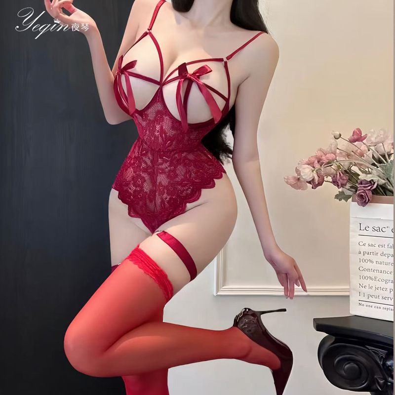 Night Music Sexy Intimates Sexy Small Breasts Cut Out Pure Desire Pajamas Set Lace Suspenders No Need to Take Off Large Size Robe 7595