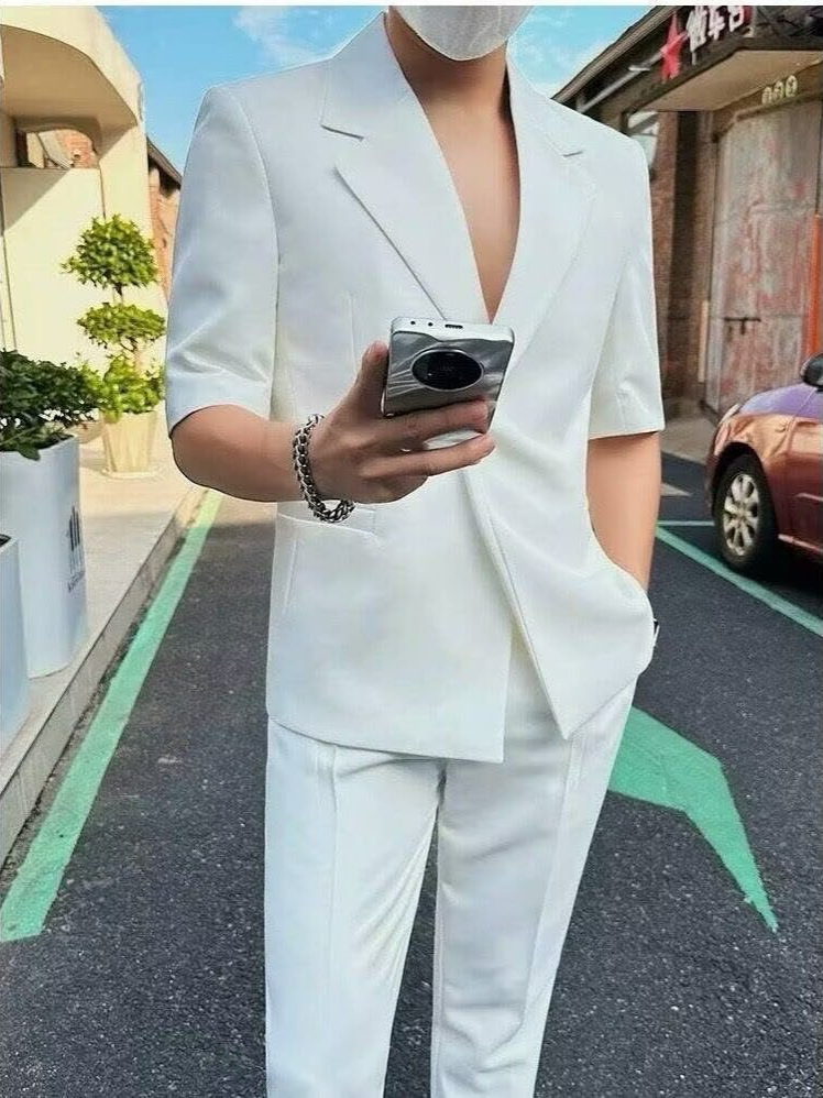 Trendy Casual Mid-Sleeve Side-Button Short-Sleeve Suit for Men and Women, Summer Suit Pants Set, Mature Style, Korean High-End Feel Suit