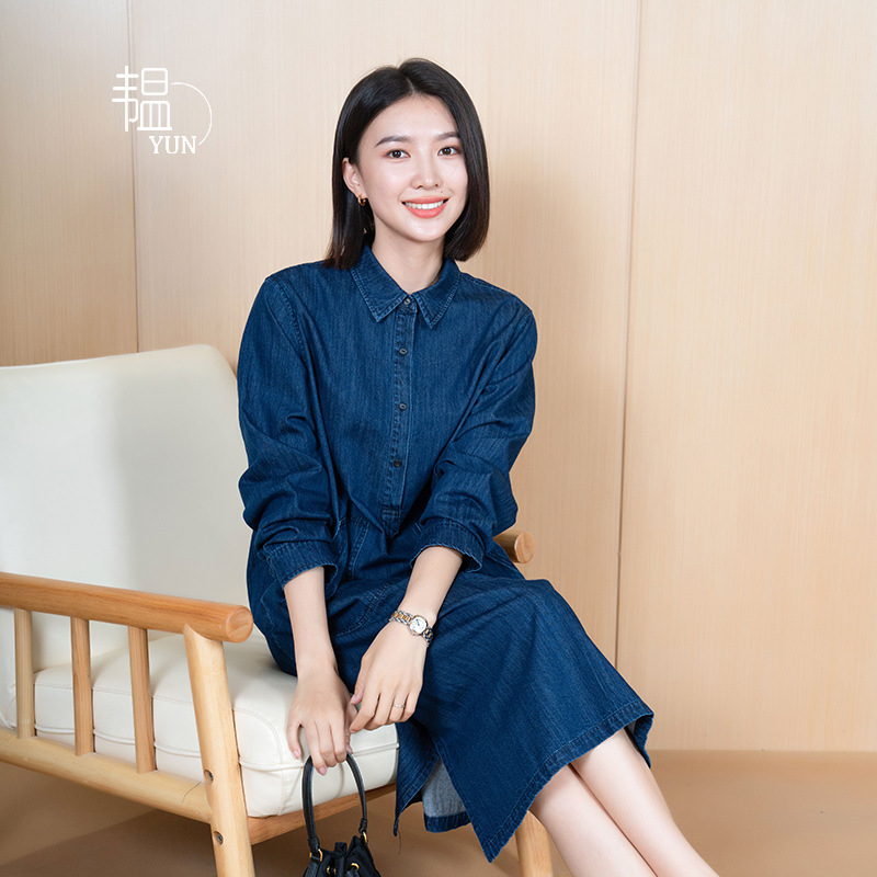 Yun Yun 2026 Spring and Autumn Japanese Style Double Pocket Denim Long Dress Women's Long Sleeve Loose Vintage Artistic Dress
