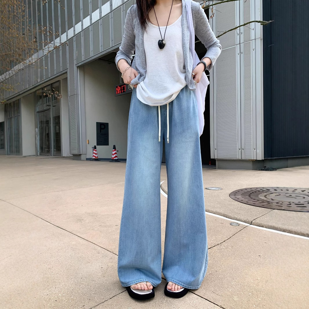 Blue Loose Drawstring Tight Waist Wide Leg Jeans Women's Summer Design Sense Loose Straight Pants