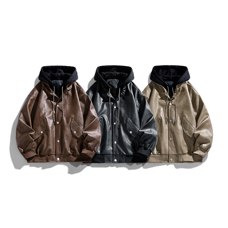 2025 Fake Two-Piece American Retro Leather Jacket for Men Spring and Autum New High Street Handsome Functional Trendy Hooded