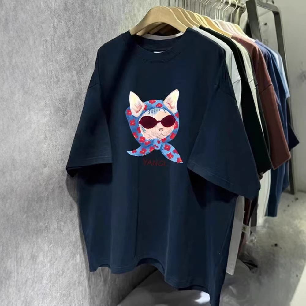 100% Pure Cotton Short-Sleeved T-Shirt for Summer, Stylish and Personalized, with Cute Cartoon Cat Print, Slimming Chic Top for Outer Wear
