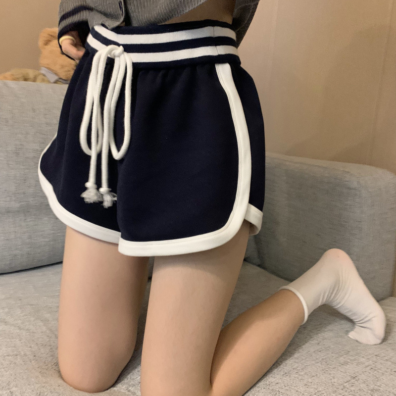 6535 Cotton Stripe Color Contrast High Waist Strap Sports Shorts Women's Summer Thin Loose Wide-leg A- line Casual Pants