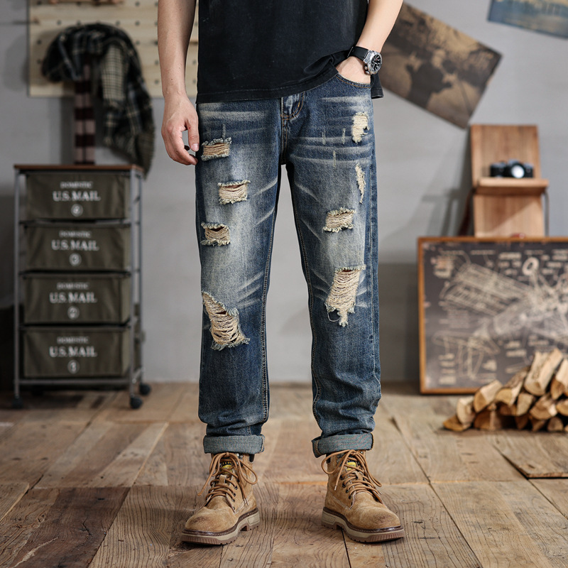 6502 | large size men's summer new scraped silk ripped jeans loose American retro washed straight trousers