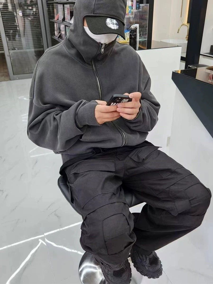 FAR ARCHIVE FK ninja mask zipper distressed Cardigan High Street American loose casual hoodie sweater