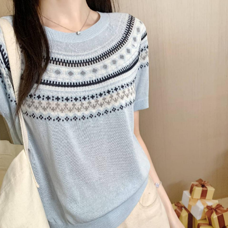 Retro Geometric Jacquard Short-Sleeve Lyocell Knit Shirt for Women, Summer Silk T-Shirt, Round Neck Pullover, Loose Fit, Slimming Top
