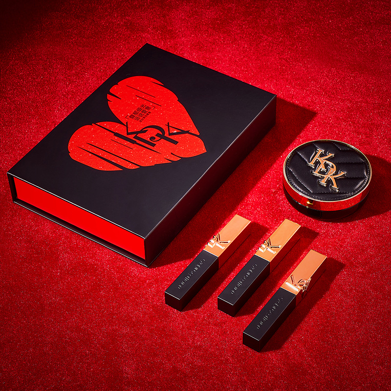KDK fog leather beauty makeup set small black lipstick leather air cushion BB cream foundation makeup 4-Piece Gift Box