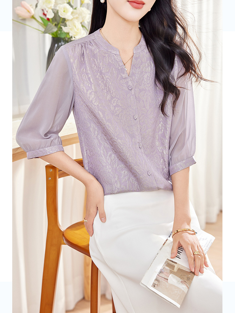 Middle-Aged Women's Clothing 2026 New Spring and Summer Silk Crepe Tops for Women Versatile V-Neck Mulberry Silk Mid-Sleeve Shirts