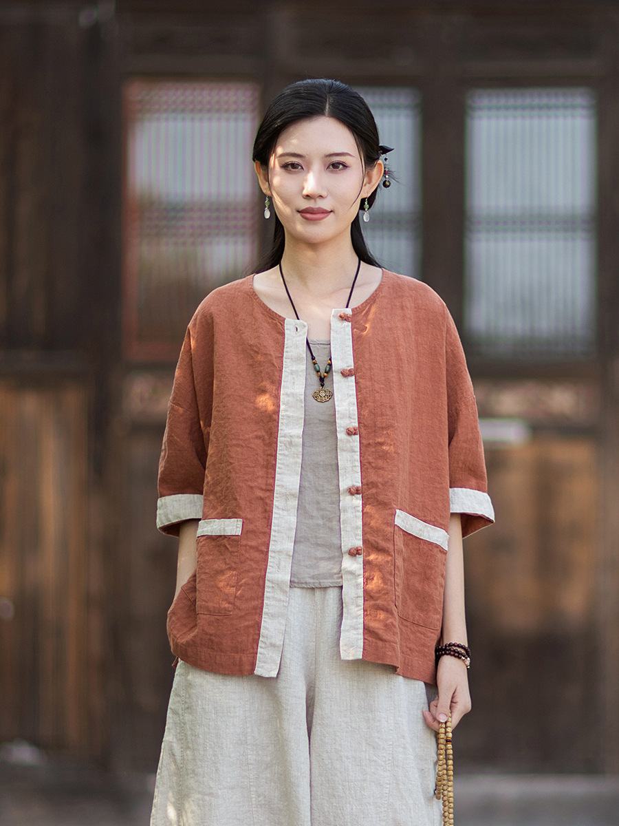 2026 Spring/Summer New Style New Chinese Design Comfortable Thin Linen National Style Top with Color-Block Patchwork and Buttoned Cardigan
