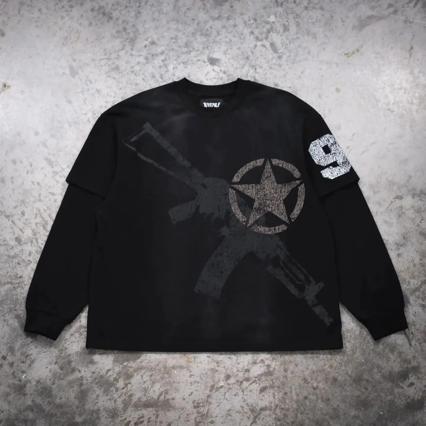 European Station Foreign Trade European and American Printing Graffiti Firearms Contrast Color Fake Two-piece T-shirt Long Sleeve Punk Hip Hop Street Top