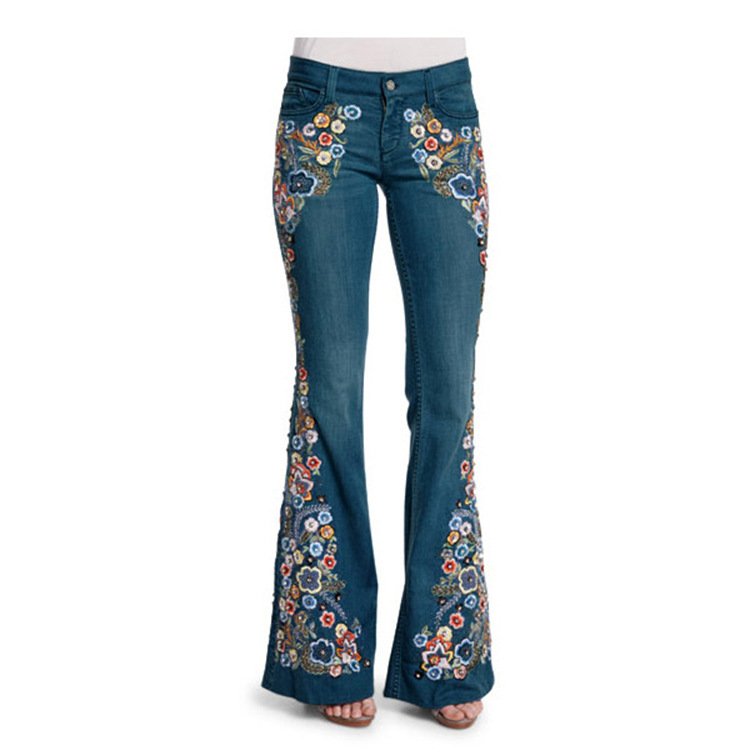 Cross-Border European and American Style Women's Jeans Embroidered Slim Fit Washed Flared Pants Women's Pants Women's Denim