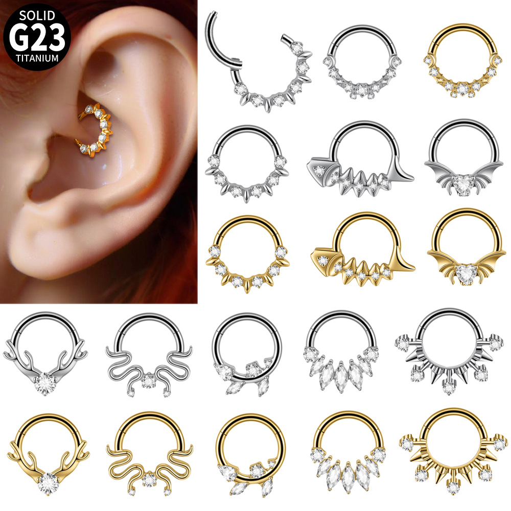Cross-Border G23 Titanium Alloy Round Zircon Nose Septum Ring, Electroplated Multiple Styles of Closed Hoop Earrings, Piercing Nose Studs