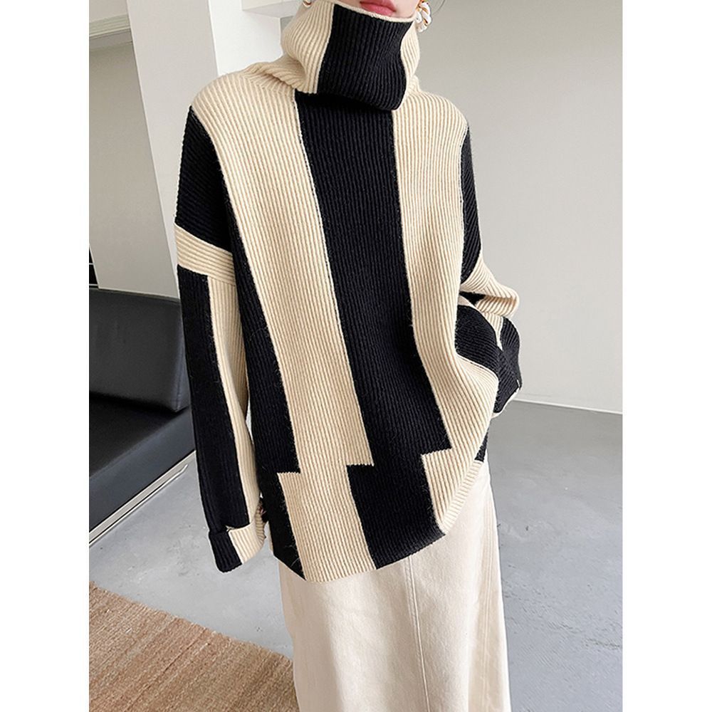 Lazy Style High Collar Pullover Black and White Striped Sweater Women's Autumn and Winter Outer Wear Gentle Soft Waxy Coat Thick Knitted Top