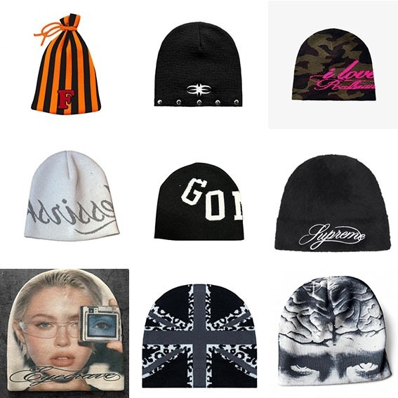 Cross-Border Y2K Subculture Knit Hat Collection, American Street Style Printed Brimless Hat, Spicy Hip-Hop Style Pullover Hat Foto QC de 1688 na Qualit.ly