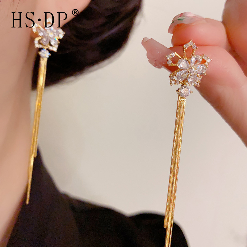 S925 Silver Zircon Rotating Flower Tassel Earrings Women's Exquisite Fashion Joker Design Sense Long Earrings Wholesale