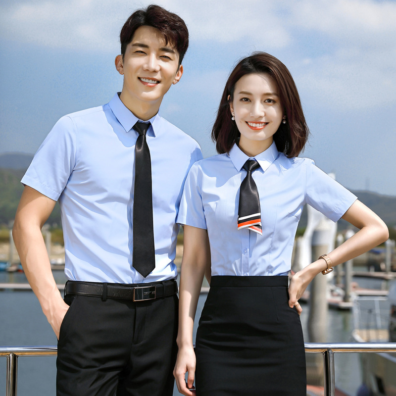 Men's Short-sleeved Shirt Business Wear Spring and Summer Interview Blue Cotton Shirt Female Hotel Manager Sales Department Embroidered logo