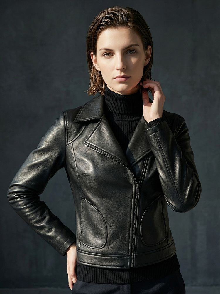 Genuine Leather Motorcycle Jacket for Women, Short Style, 2026 Spring and Autumn, Diagonal Zipper, Slim Fit, Sheepskin Jacket, Italian Style