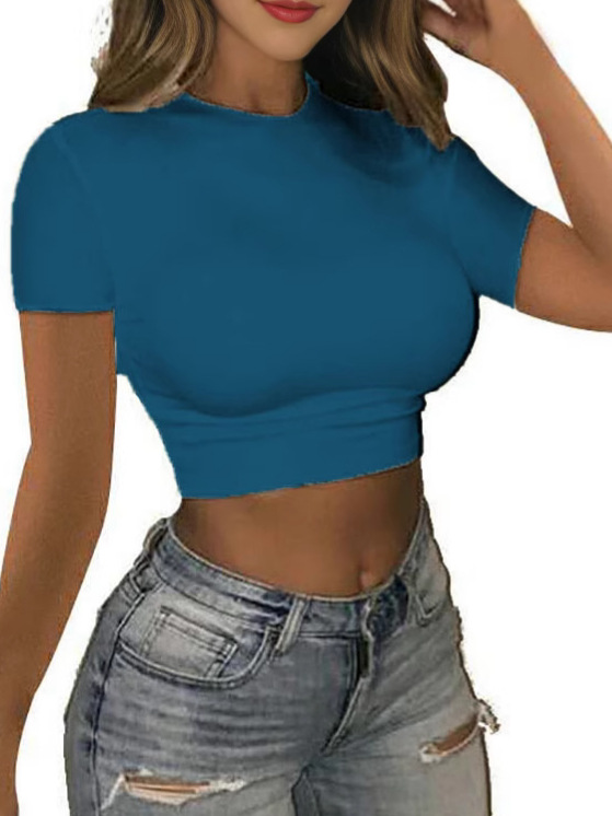 2025 Europe and the United States cross-border new short sleeve short sleeve T-shirt women's foreign trade jacket fashion exposed short solid color round neck