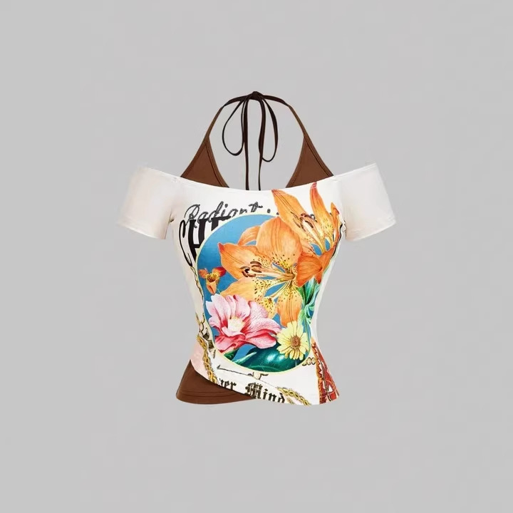 European and American Cross-Border Summer Retro Women's Street Fashion Printed Ins Fake Two-Piece Halter Neck Slim-Fit T-Shirt Y2K Clothing