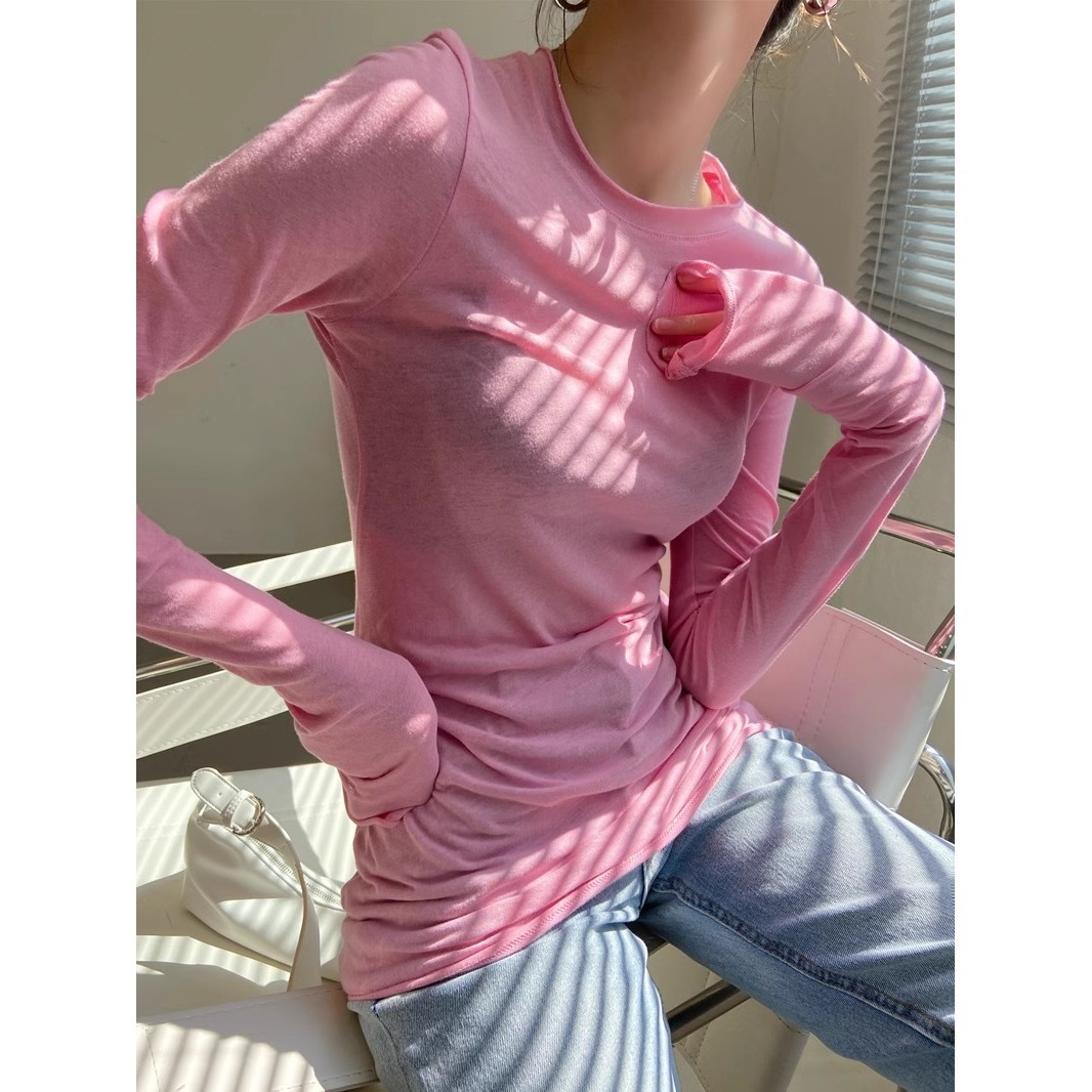 Dopamine Rolled Edge Sun Protection T-Shirt for Women in Spring and Summer, Simple Thin Style, Slightly See-Through Inner Wear, Long-Sleeved Slim Bottoming Top Blouse