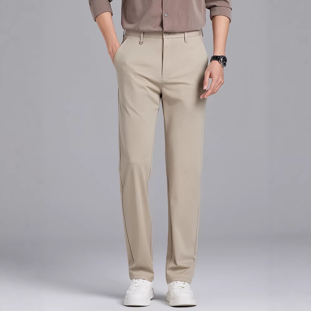 Men's New Spring and Autumn Elastic Straight-Leg Casual Trousers, Business Casual Solid Color Versatile Dress Pants for Young and Middle-Aged Men, Trendy Men's Pants