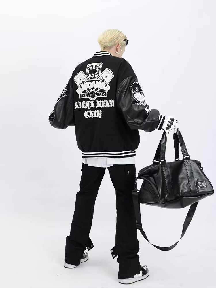 Spring and Autumn American Retro Trendy Motorcycle Stitching Leather Jacket Baseball Clothing High Street Casual Loose Men's and Women's Baseball Suit Coat
