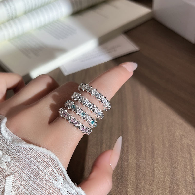 Exquisite Girl's Ring with Diamond-Studded Cross Design, Silver and Para Green Diamonds, Stackable Open Ring, Trendy Niche Light Luxury High-End Feel