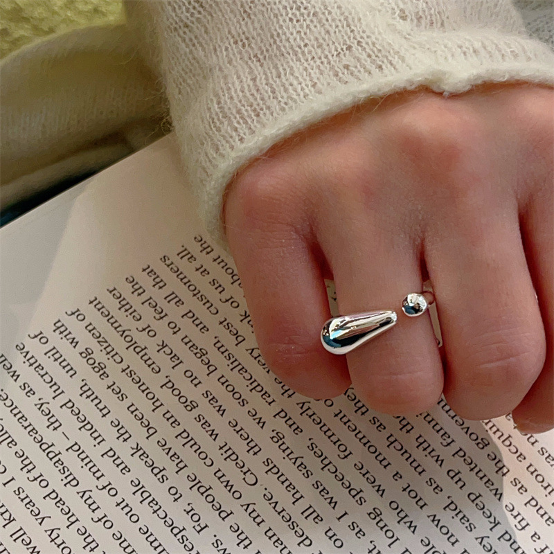 Minimalist Style Water Drop Shiny Silver Ring, European and American Style, Personalized Fashion Adjustable Geometric Shape Simple Ring
