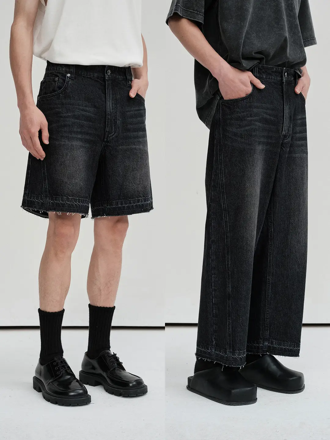 Nans 12oz Turkey Import Medium Denim Washed Raw Edge Elastic Straight-leg Nine Points/ shorts Ns8D14