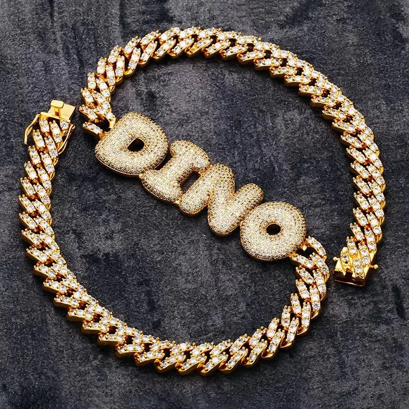 Mst Bling High-End Custom Letter Full Diamond Micro-Inlaid 3A Grade Zircon Bubble Ball Combination Hip-Hop Cuban Necklace