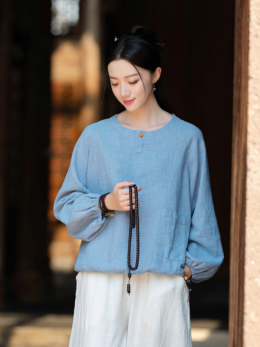 26 Spring New Vintage Style Round Neck Pullover Cotton Linen Button-Up Shirt Women's Long Sleeve Versatile T-Shirt