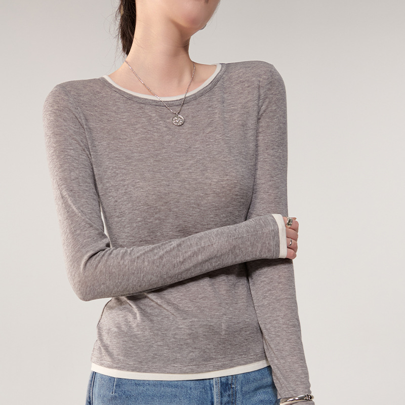 Spring and Summer New Style Lyocell Tencel Wool Cashmere Blend Comfortable High-Elastic Round Neck Color-Blocking Faux Two-Piece Base Shirt for Women