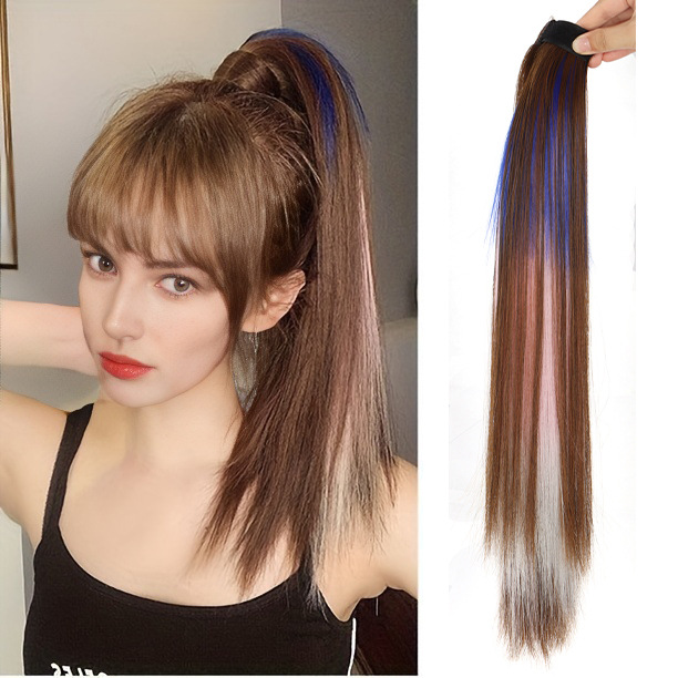Wig women's Velcro strap ponytail dyed gradient colorful realistic natural simple easy to wear long hair straight ponytail