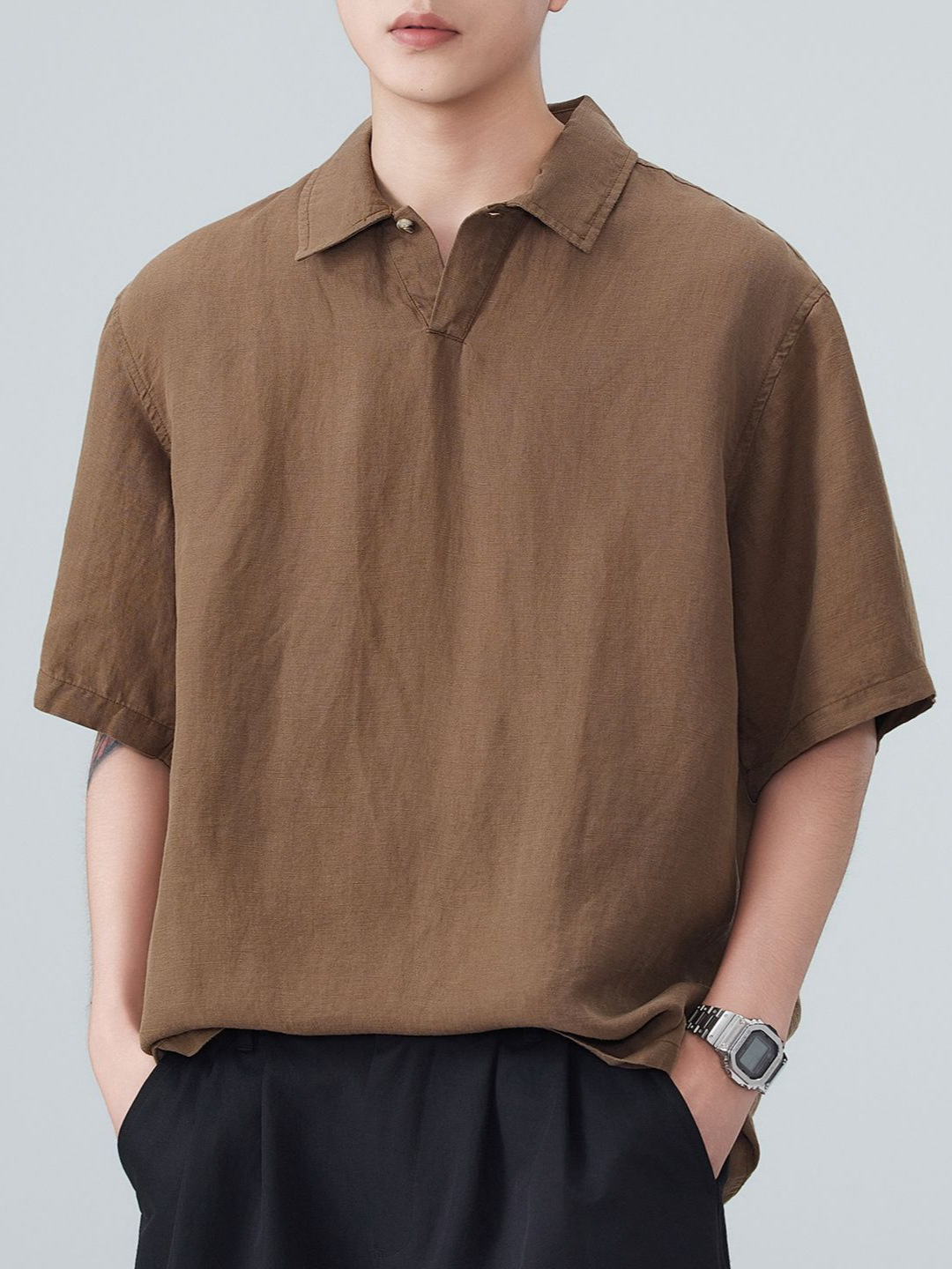 Shanggu Men's Clothing Cool Tencel Lyocell Men's Old Money Style Shirt Linen Loose Cool Lapel T-Shirt Shirt