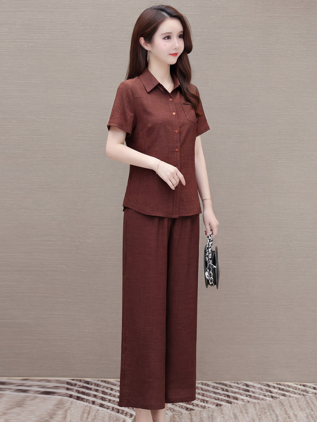 2026 Summer New Style Middle-Aged and Elderly Women's Printed Fashion Suit Korean Style Slim Fit Shirt and Pants Two-Piece Set