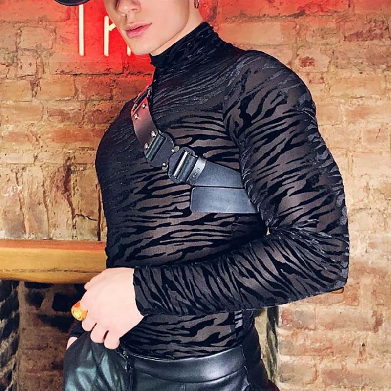 Cross-Border Spring Thin Zebra Pattern Elastic Inner Layering Shirt European and American Men's See-Through Tight Turtleneck Long-Sleeved T-Shirt