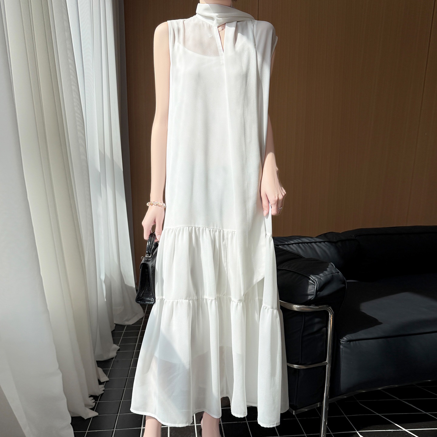 2026 Spring and Summer New Style Georgette V-Neck Ribbon Dress Women's Pure Color Sleeveless Pullover Loose Long Skirt A-Line Skirt