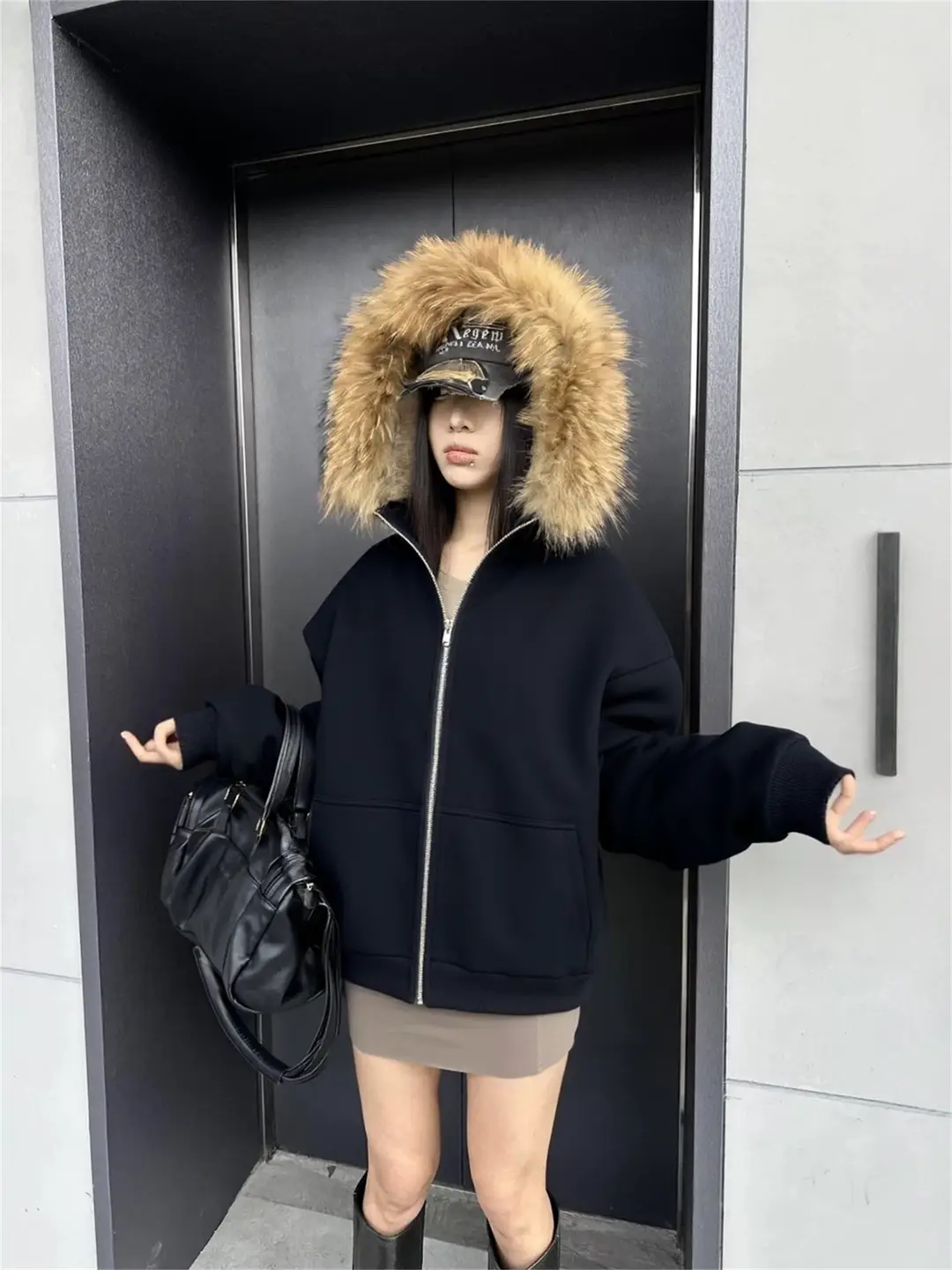 KANYE侃爷同款座山雕可拆卸毛领加厚连帽拉链卫衣夹克外套男女ins
