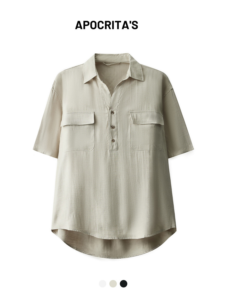 Apo Men's Clothing | Cross-Border Men's Linen Short-Sleeved Shirt, Summer Design, Loose Lapel, Casual Half-Cardigan Shirt