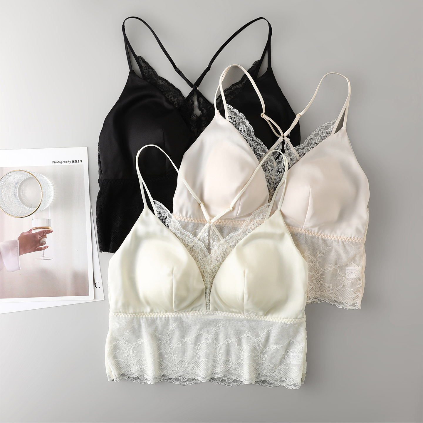 Silk Satin Latex Bra Sexy Lace V Neck Cross Cut Out Beautiful Back Mulberry Silk Comfortable Thin Intimates for Women
