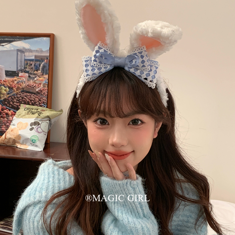 Cute Pink Plush-Eared Rabbit Headband Hair Accessory with Bow, Face-Washing Headband, Lolita Hair Accessory for Girls